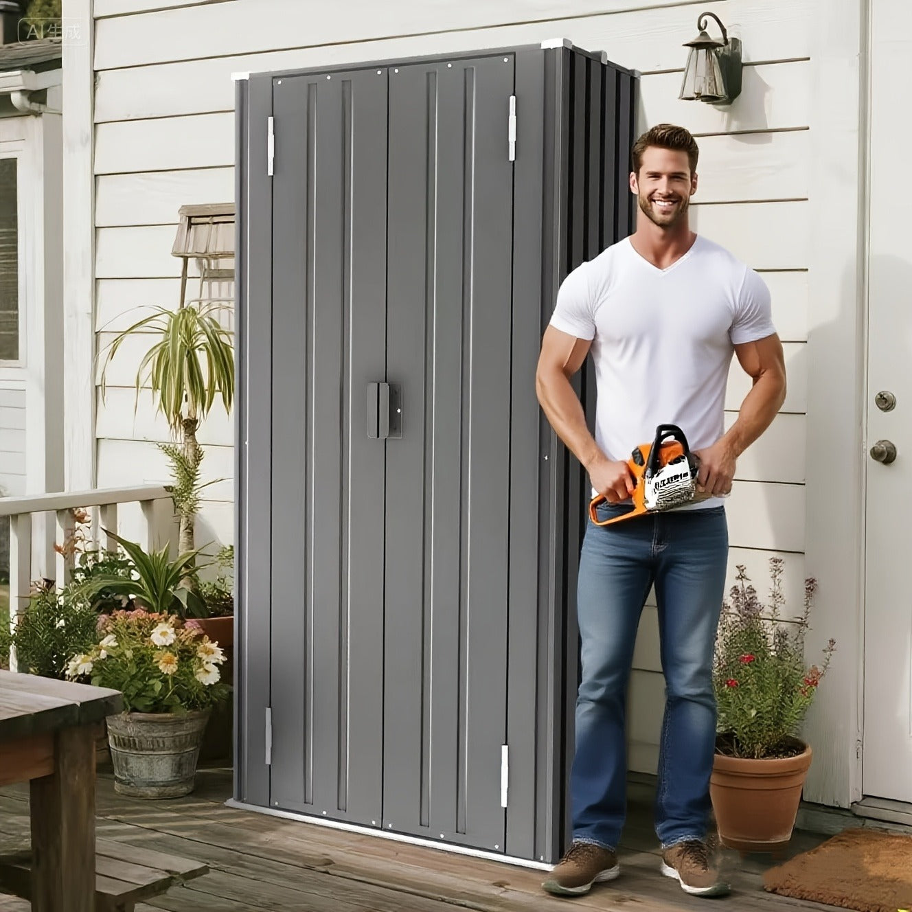 Tall Metal-Look Outdoor Storage Cabinet with Double Doors, 22 or 28 Cu Ft Checkout Capacity Options