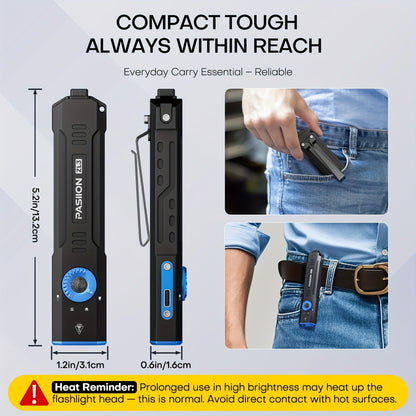 Flashlight Flat EDC Triple-Light Torch with White, Green and UV LEDs, Type-C Charging and Glass Breaker