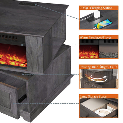 Electric Stove Heater End Table Rotatable Fireplace Side Table 1400W 4800 BTU Indoor Heater with Storage Cabinet Nightstand Overheat Protection