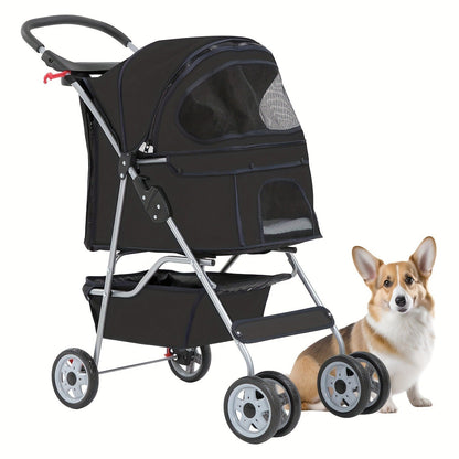 Four-Wheel Pet Stroller with Box Cabin, Wraparound Handle, Cup Tray, Lower Basket and Five Colors