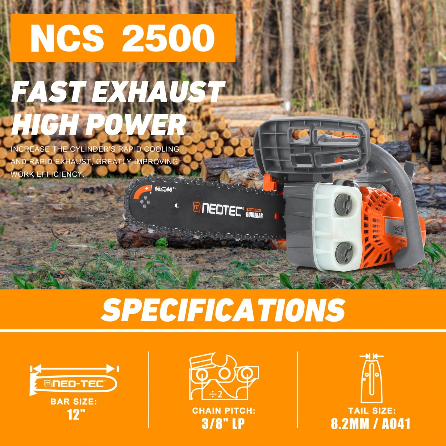 NEO-TEC NCS2500 Top Handle Gas Chainsaw 12-Inch – 25.4CC 2-Stroke, One-Hand Operation, 8 lbs, Easy Start, Portable Tree Cutting Saw