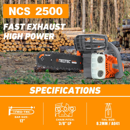 NEO-TEC NCS2500 Top Handle Gas Chainsaw 12-Inch – 25.4CC 2-Stroke, One-Hand Operation, 8 lbs, Easy Start, Portable Tree Cutting Saw