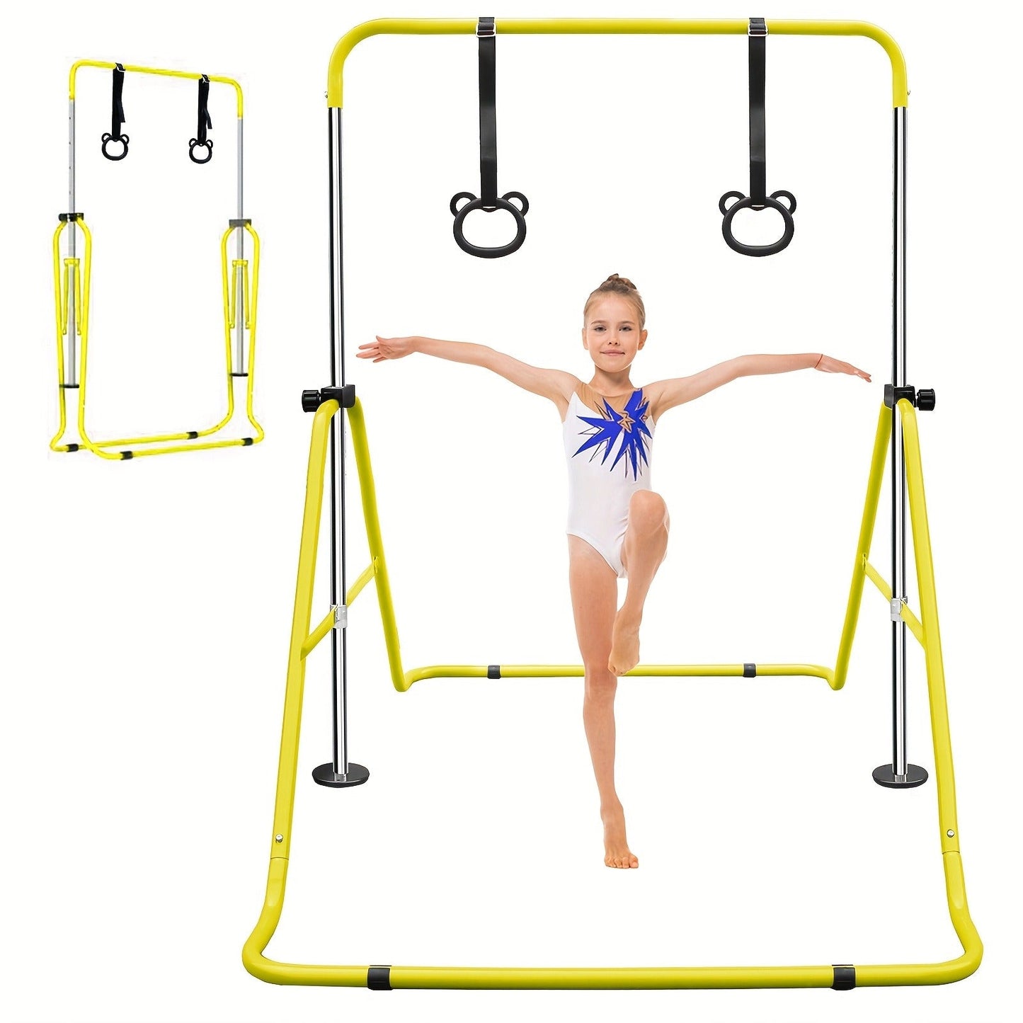 Height-Adjustable Kids Gymnastics Bar in Green or Yellow for Supervised Indoor or Outdoor Training