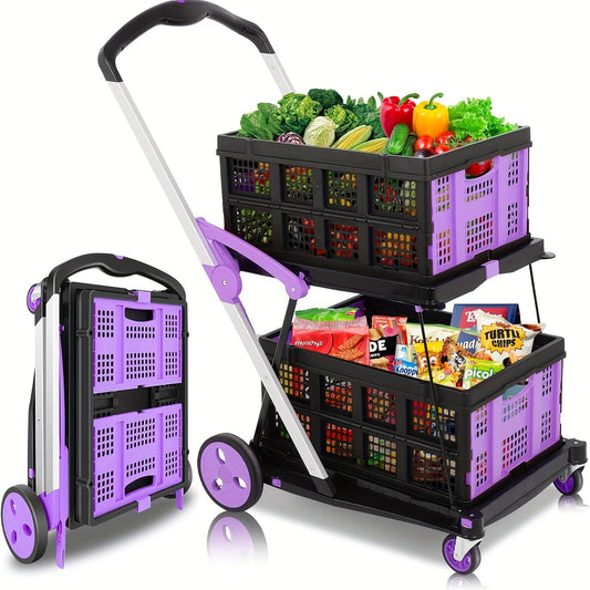 Collapsible Utility Cart 200 lb Heavy Duty Foldable Shopping Trolley 4-Wheel 360° Swivel Locking Brake Lightweight Portable Dolly for Grocery Mall Camping Pink Purple