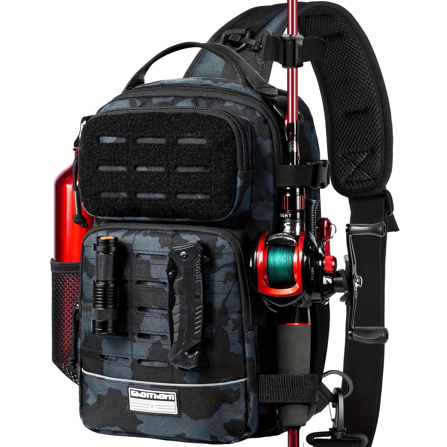 Camouflage Fishing Shoulder Bag with Six Checkout Options, Multi-Pocket Layout, Rod Holder and Bottle Pocket
