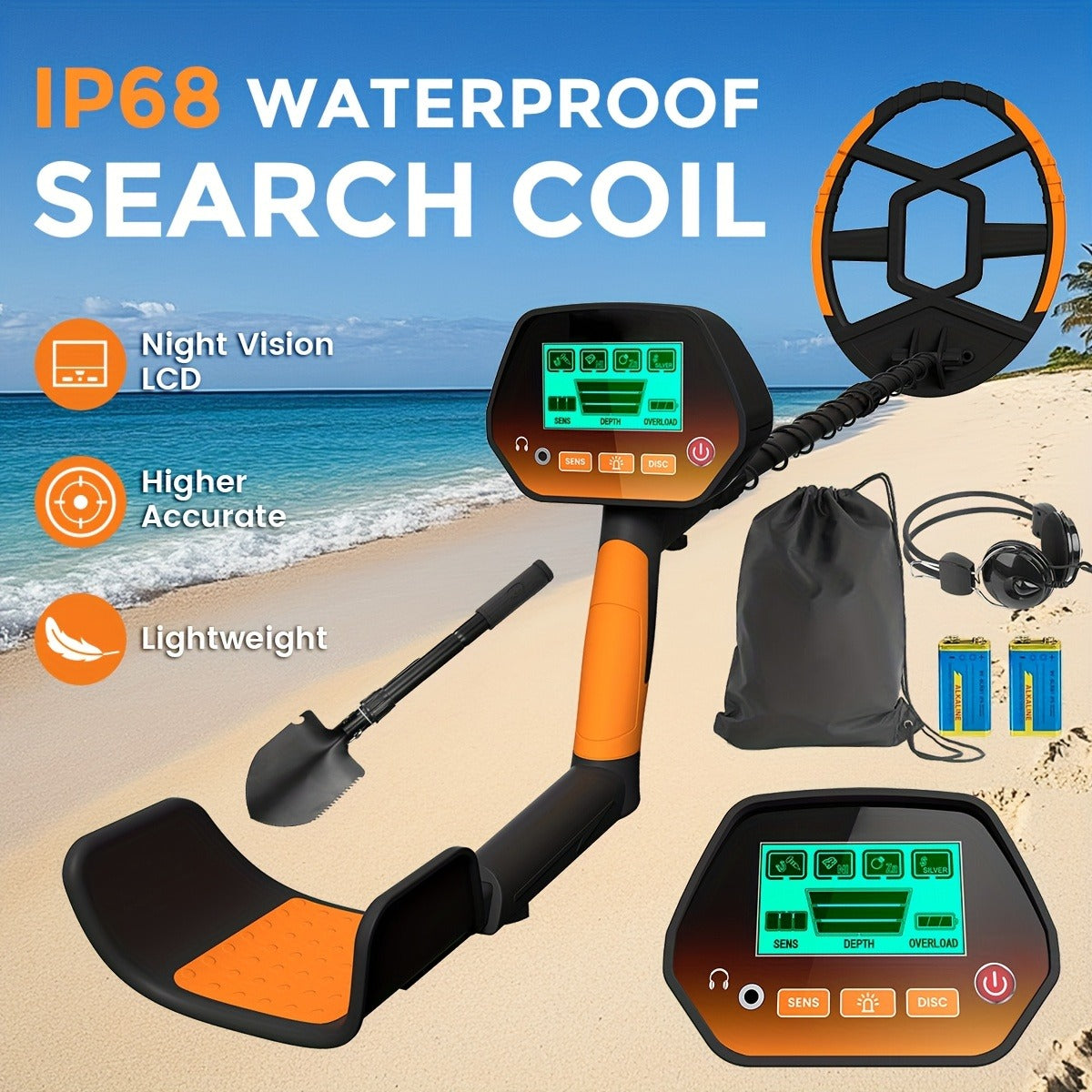 LCD Metal Detector with 8-Inch Search Coil, Adjustable Shaft and Green, Yellow or Basic-Version Options