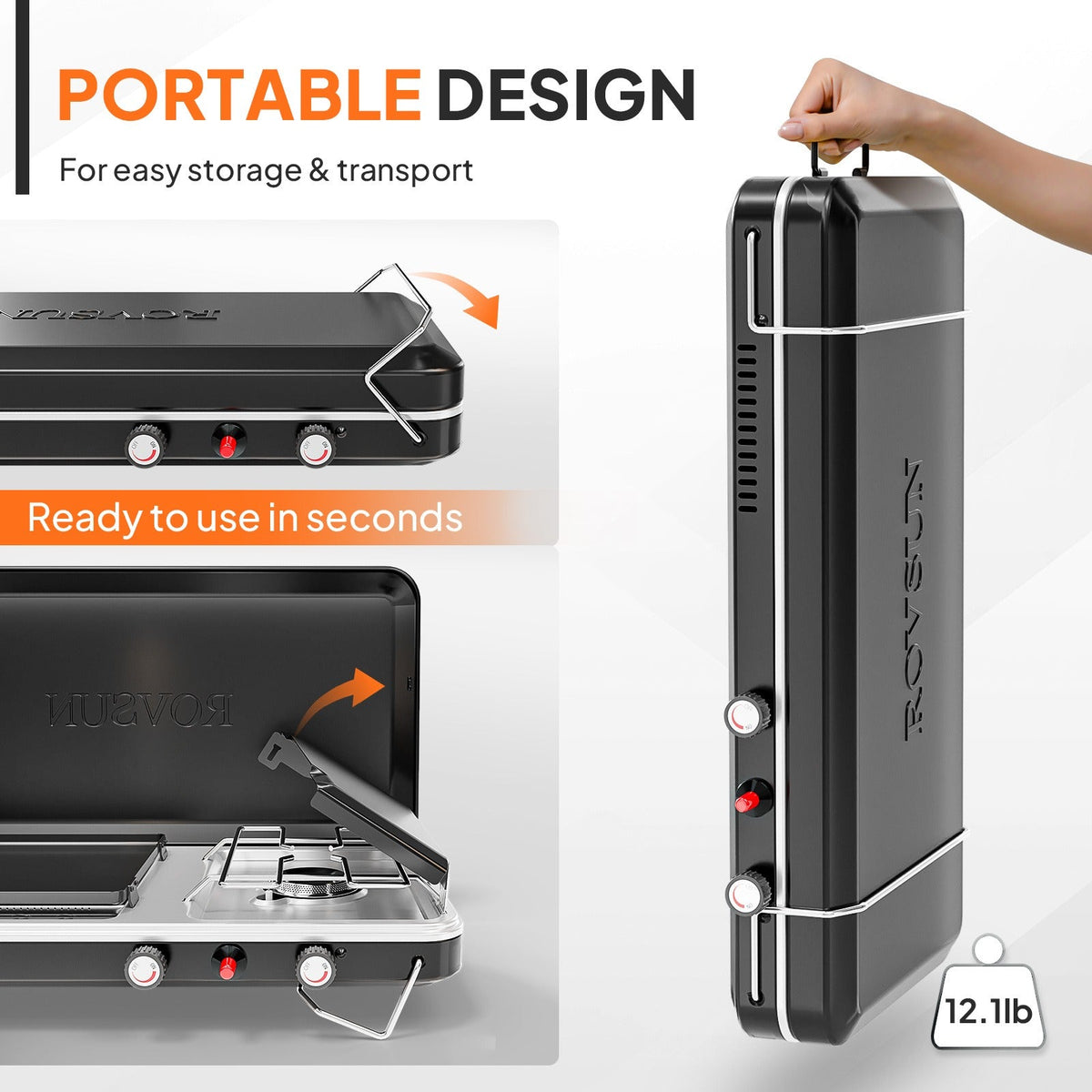 Portable Propane Griddle and Burner Camping Stove with Four Color Labels and 23.23-Inch Closed Width