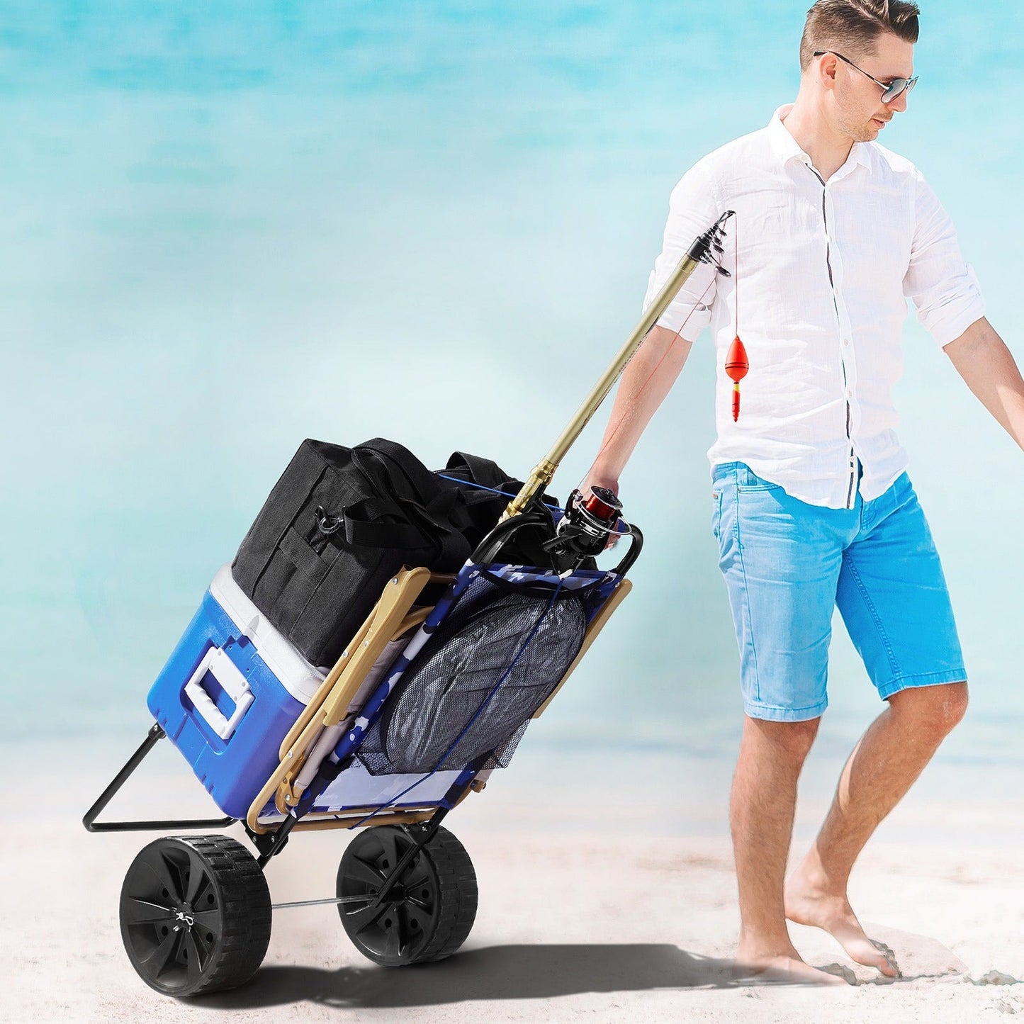 Folding Beach Cart with Balloon Wheels – 165LBS Capacity Sand Dolly for Camping Fishing Picnic Garden