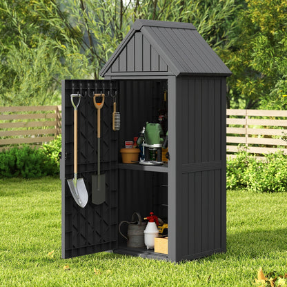 Tall Resin Outdoor Storage Shed with Sloped Roof, Lock-Ready Door and Interior Hooks in Black or Brown