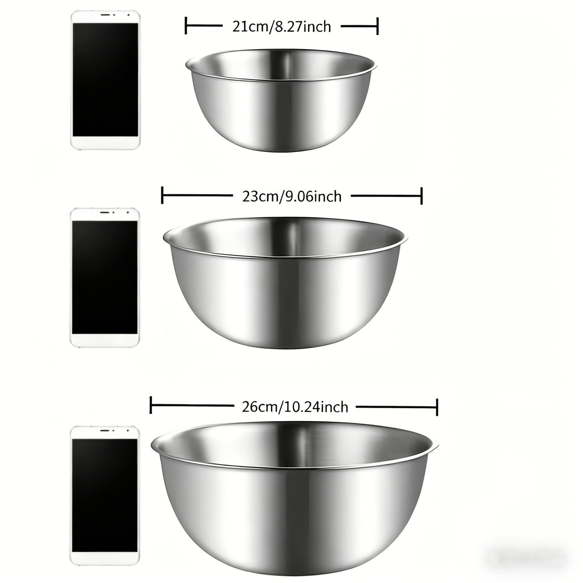 Three-Piece Nesting Mixing Bowl Set with 21, 23 and 26 cm Diameters for Baking and Food Preparation