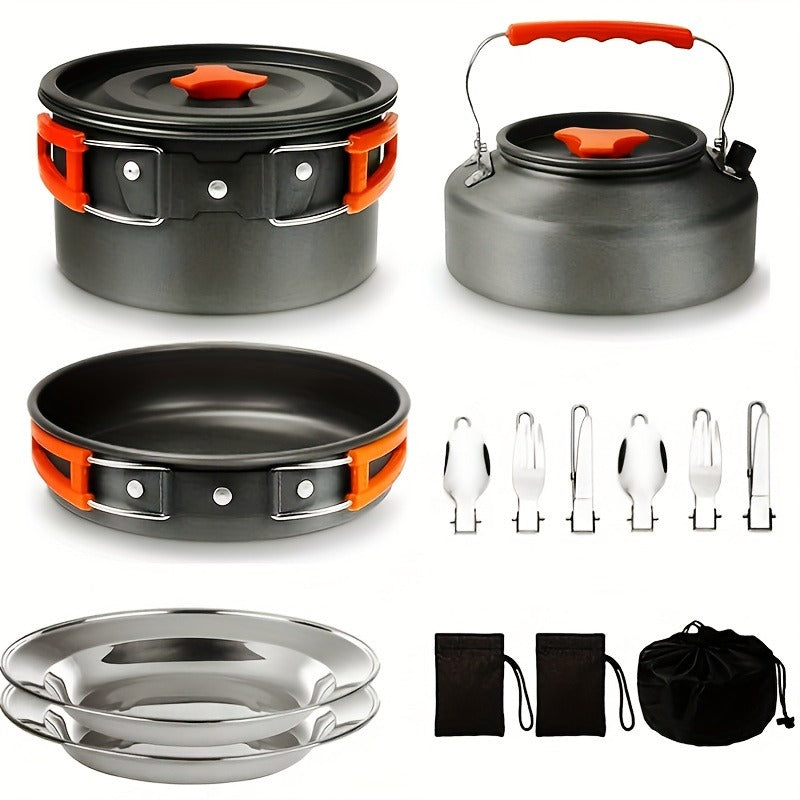 Camping Cookware Set, Aluminum Pot, Frying Pan and Kettle Kit with Folding Handles, Cutlery and Carry Bag