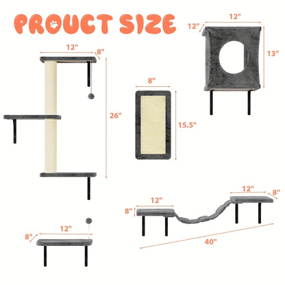 Five-Piece Wall-Mounted Cat Furniture Set with Open Perches, Suspended Bridge and Enclosed Cube