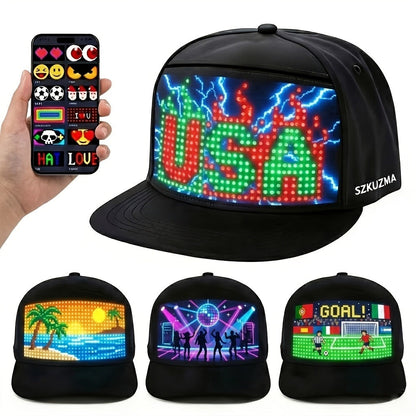Programmable LED Hat with APP Control – Custom Text, Animation & Graffiti Display, USB Rechargeable, Adjustable Fit for Men & Women, Glowing Light-Up Cap for Party, Festival, Wedding & Carnival