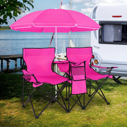 Folding Picnic Chair Set for 2 | Umbrella, Cooler Bag & Table, 600 Lbs Capacity, Portable
