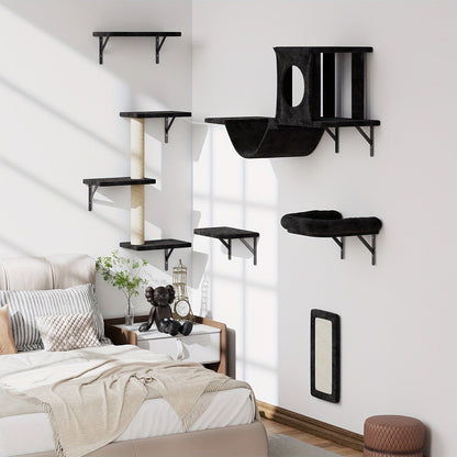 Cat Wall Shelf Climbing Set – 7-Piece Deluxe Wall Mounted Cat Furniture with Condo, Scratching Post, Bridge, Ladder & Tunnel for All Cat Sizes