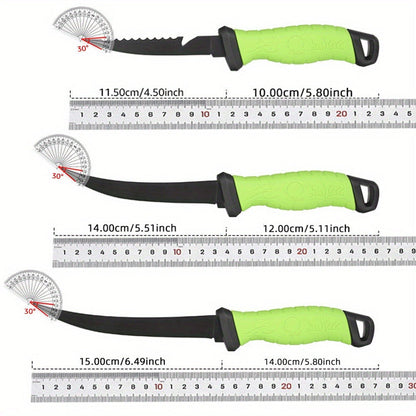 Three-Piece Stainless Steel Fishing Knife Set with 4.5 to 6.5 Inch Green-Handled Fillet Blades