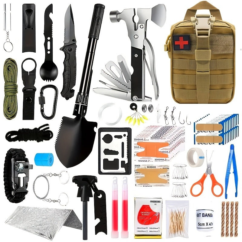 Emergency Survival Kit with MOLLE-Style Bag, Pictured Multi-Tool and First-Aid Assortment in Two Colors