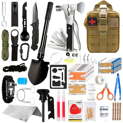 Emergency Survival Kit with MOLLE-Style Bag, Pictured Multi-Tool and First-Aid Assortment in Two Colors