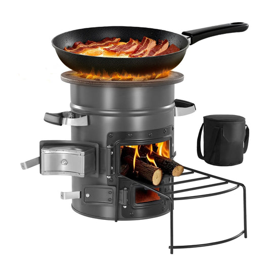 Wood Burning Rocket Stove Portable Camping Stove with Cast Iron Top, Double Door, Fireproof Lining, 16 lbs Lightweight, Canvas Bag Included, Charcoal Compatible