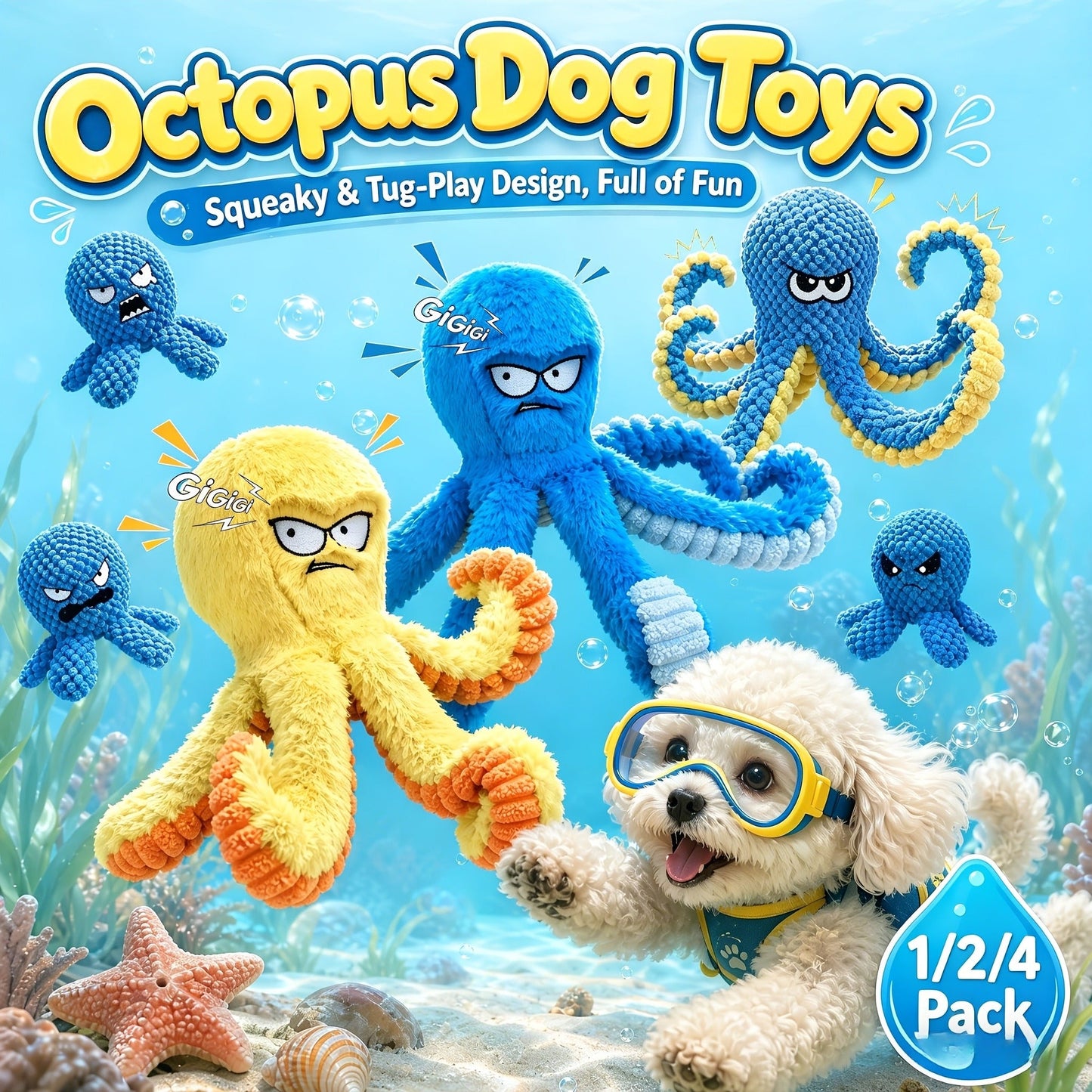 Dog Toy Octopus Plush with Built-In Squeaker and Crinkle Texture in Blue or Yellow with 1, 2 or 4-Pack Options