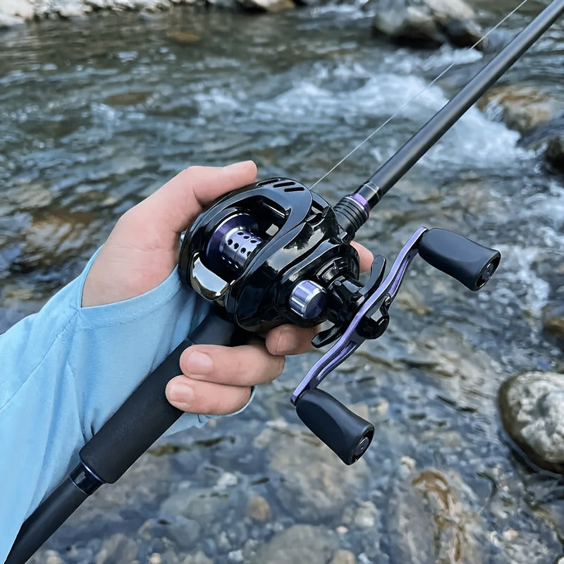 Black and Purple Baitcasting Fishing Reel with Left- or Right-Hand Retrieve and Dual-Paddle Handle