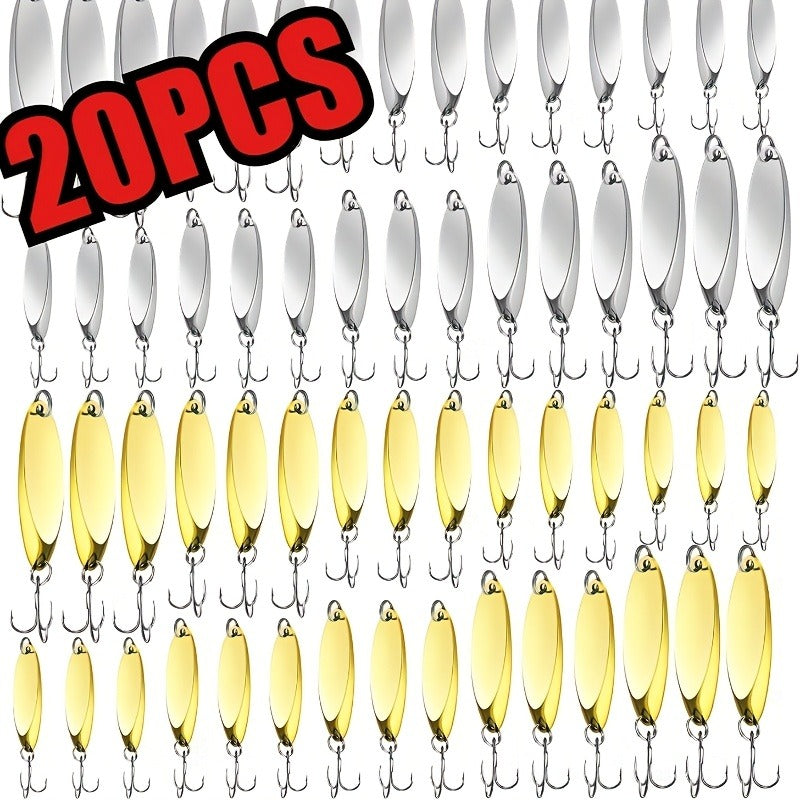 Fishing Lure Set 20-Piece Holographic Metal Casting Spoons in Five Weights with Gold, Silver or Rainbow Finish and Treble Hooks