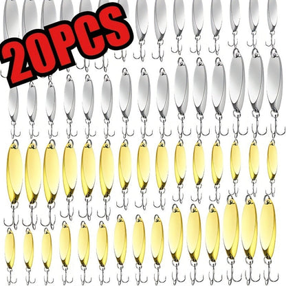 Fishing Lure Set 20-Piece Holographic Metal Casting Spoons in Five Weights with Gold, Silver or Rainbow Finish and Treble Hooks