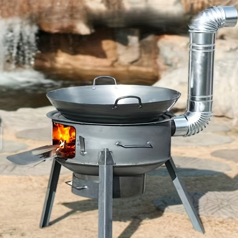 Outdoor Wood Stove with Chimney & Tripod, Heavy-Duty Metal Camping Stove for Backyard, Terrace & Campsite – Circular Design, Large Pot Compatible, 2 Sizes