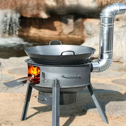Outdoor Wood Stove with Chimney & Tripod, Heavy-Duty Metal Camping Stove for Backyard, Terrace & Campsite – Circular Design, Large Pot Compatible, 2 Sizes