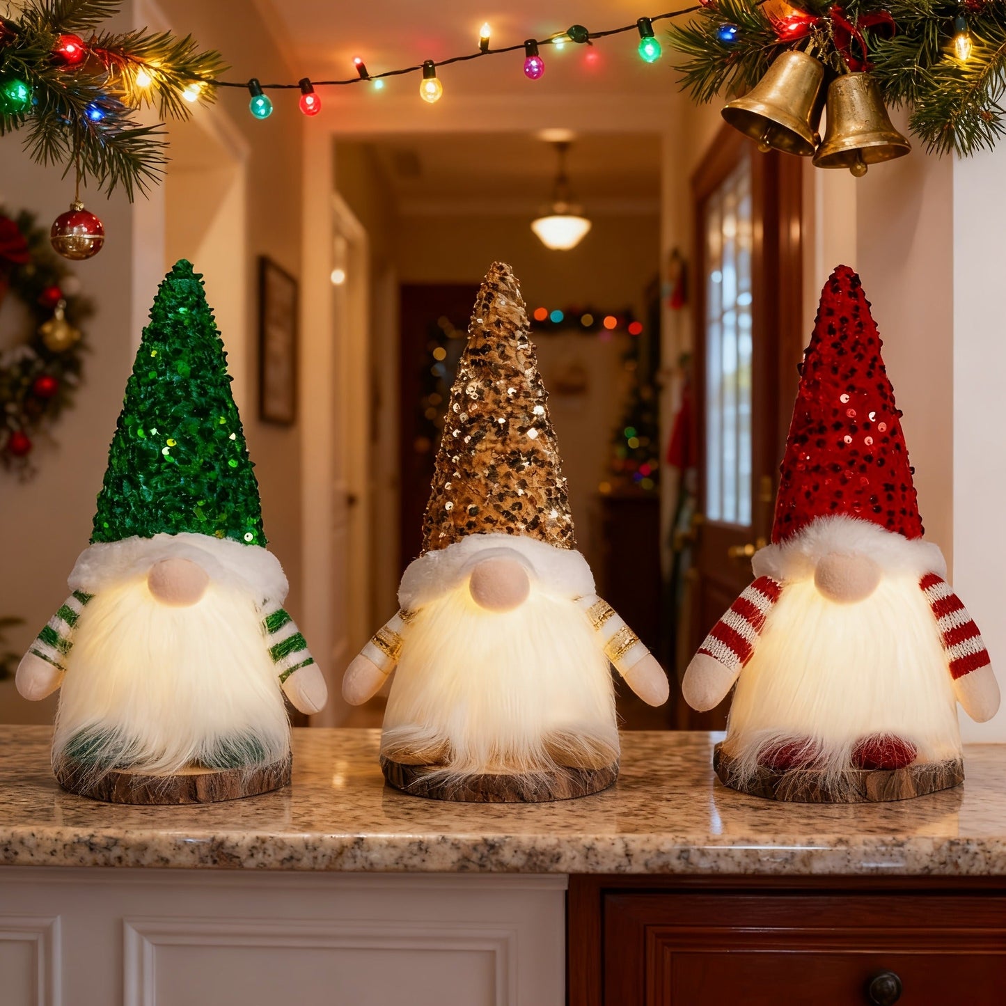 Three-Piece Holiday Gnome Figurine Set with Sequined Hats and Two Pictured Color Assortments