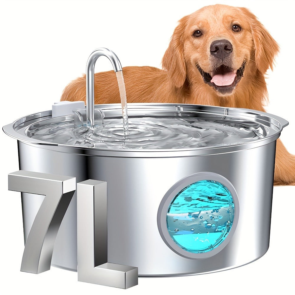 Stainless Steel Pet Water Fountain 1.85 Gal - Smart 304 SS Large Capacity Cat Dog Automatic Water Dispenser, Silent Pump, Filter Chip, Water Level Window