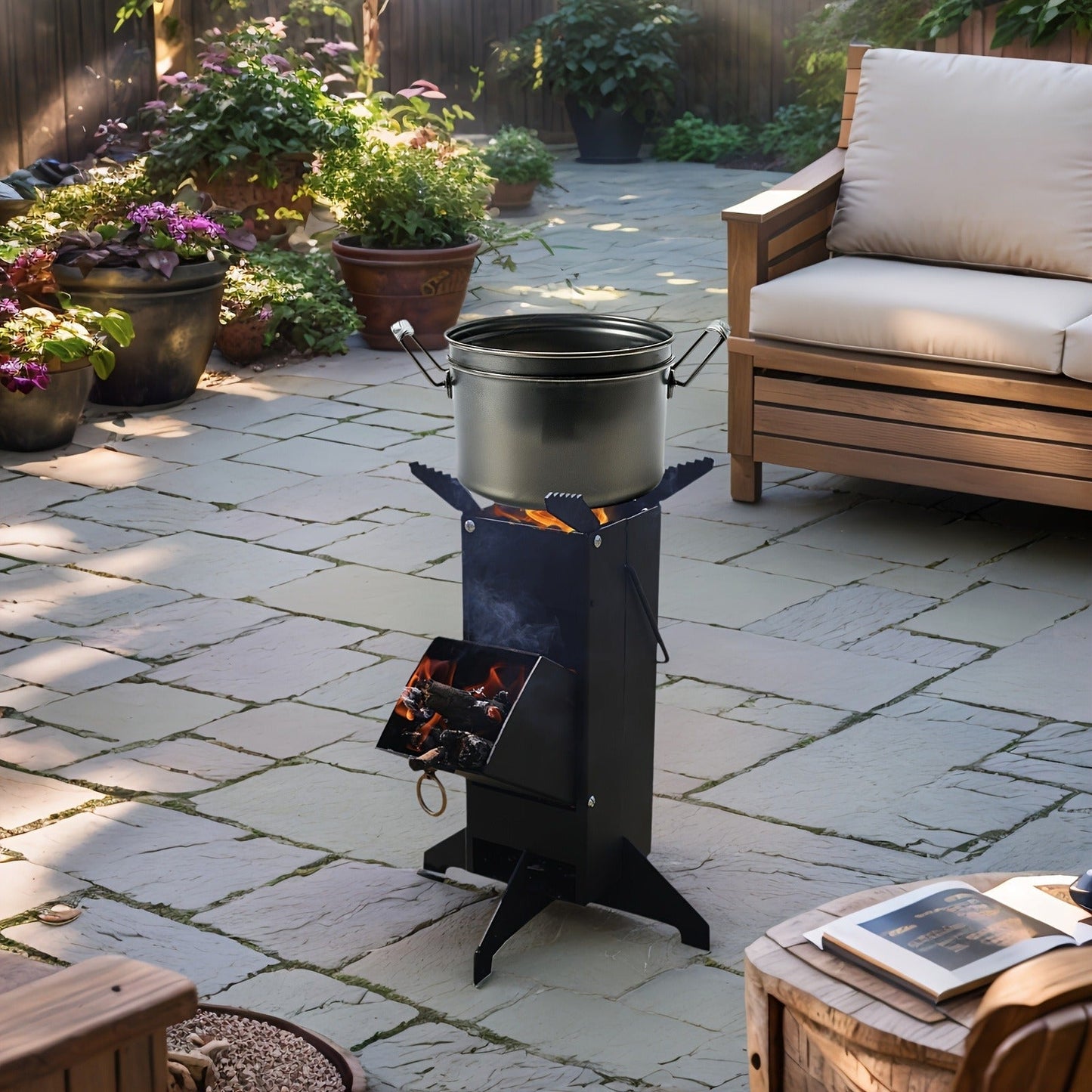 Black Rocket Stove with Detachable Side Feed Door, Four-Leg Base and Wood or Charcoal Fuel Configuration