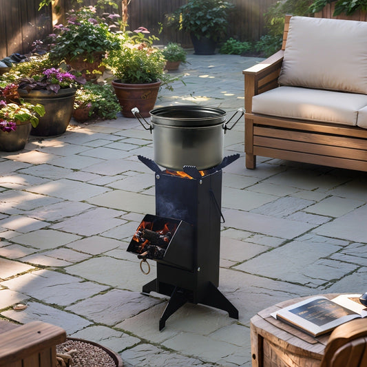 Rocket Stove Wood Burning Stove, Heavy-Duty Detachable Outdoor Cooking Stove for Courtyard, Camping & Grilling – Charcoal & Firewood Compatible, Black