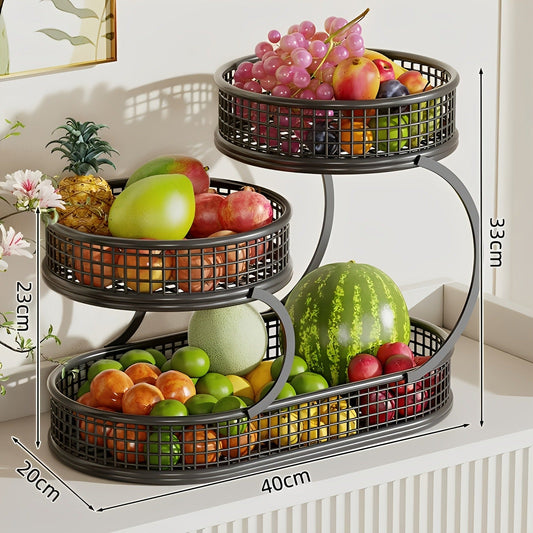 Countertop Fruit Bowl 3-Tier Round Metal Wire Stand | Kitchen Storage Organizer for Fruits Vegetables Bread Snacks | Space-Saving Produce Rack
