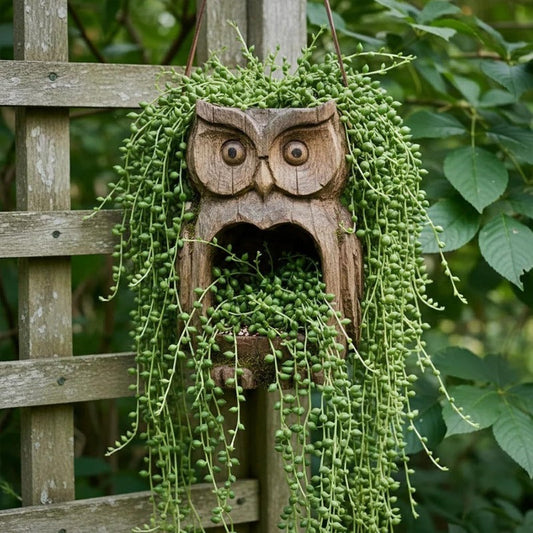 Bird Feeder Hanging Outdoor Rustic Wood Owl-Shaped Plant Pot for Patio Lawn Garden Decor - Open Design Decorative Planter for Bird Seed or Plants, Wood Grain Finish