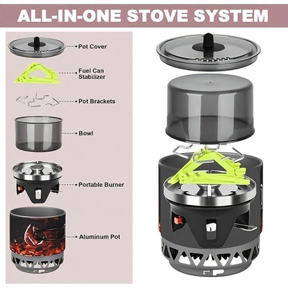 Backpacking Stove Cooking System with Pot Piezo Ignition 1KW Isobutane Burner 1.2L Pot Brackets Included Lightweight Portable for Hiking Camping Fishing Hunting