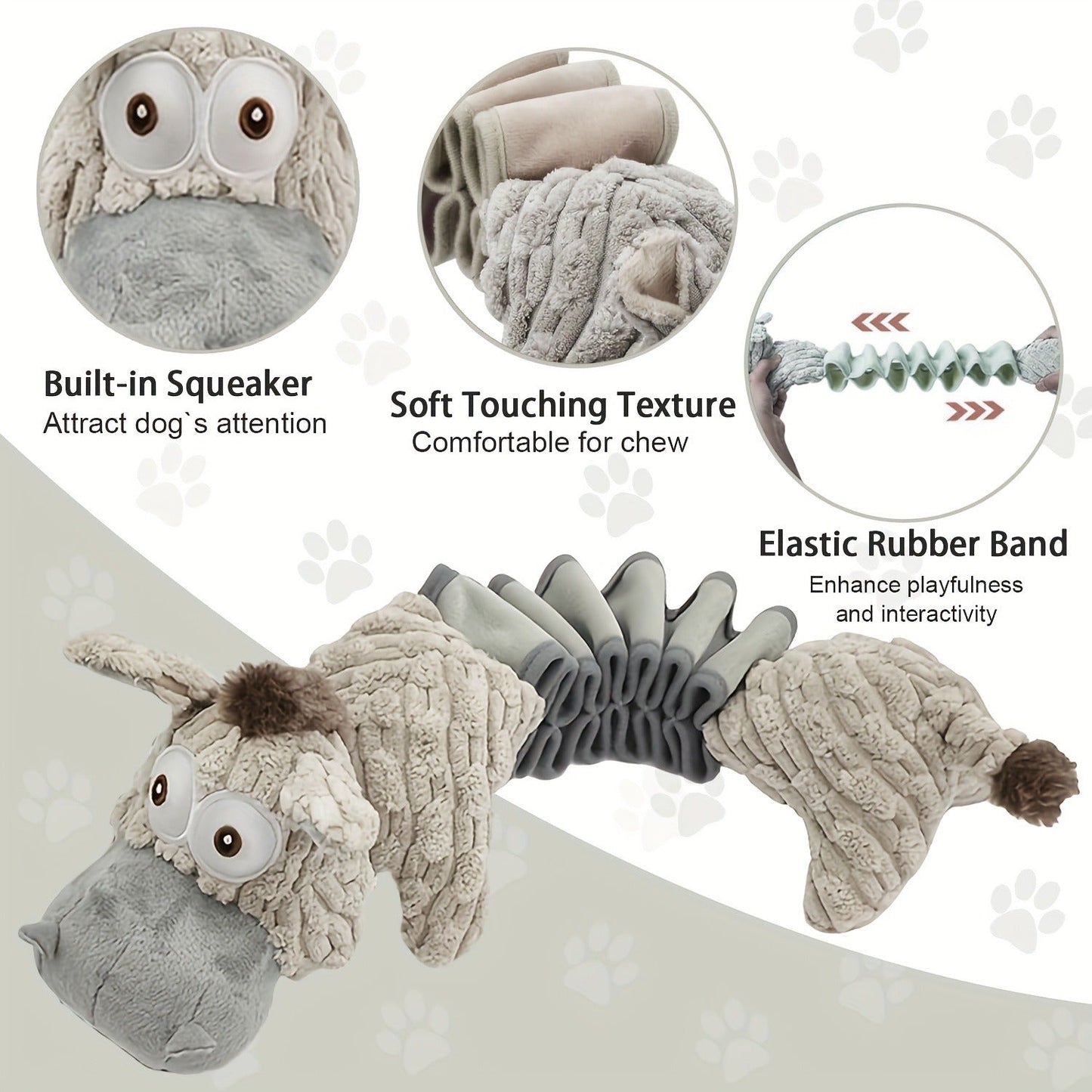 Dog Toy Stretch Donkey Plush Squeaker with Elastic Body, Textured Surface and Rope Ends in Gray White