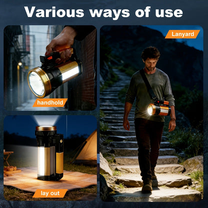Flashlight 2000-Lumen Rechargeable Searchlight with 2400mAh Battery, Side Lantern and USB Output
