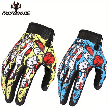 Printed Full-Finger Motocross Gloves with Black Palms, Wrist Closures, Blue or Yellow in M to XL