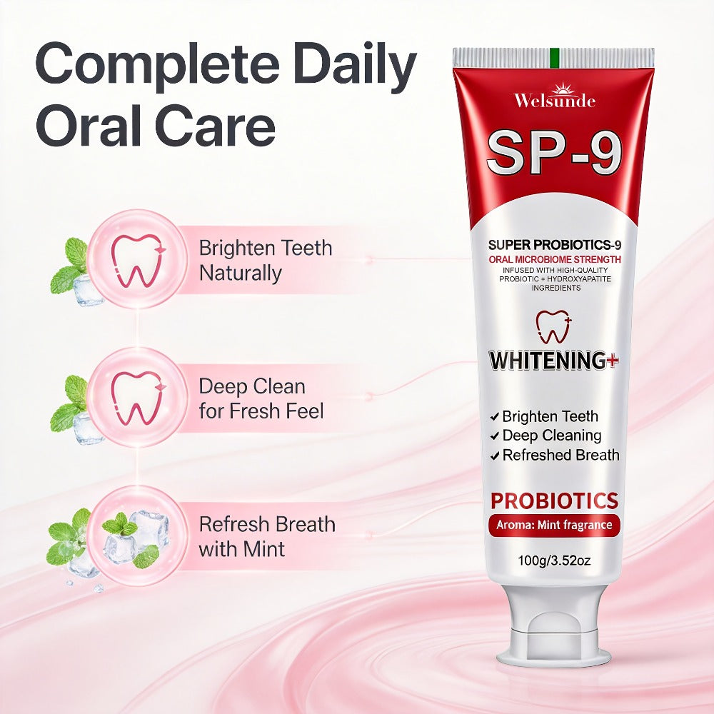 100g Mint SP-9 Toothpaste Tube with Probiotics Complex and Hydroxyapatite Highlighted on Label