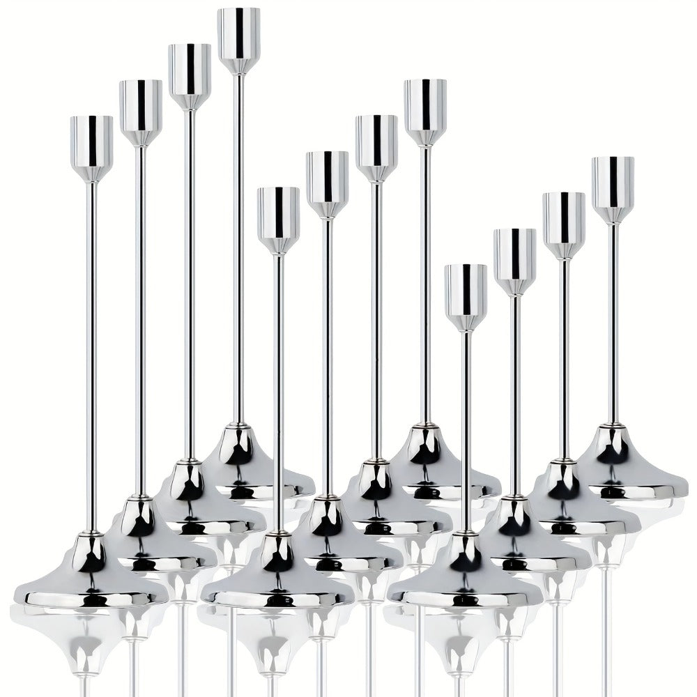 Candle Holder Set 12-Piece Metal Taper Stands in Three Heights with Gold, Silver or Black Finish Options