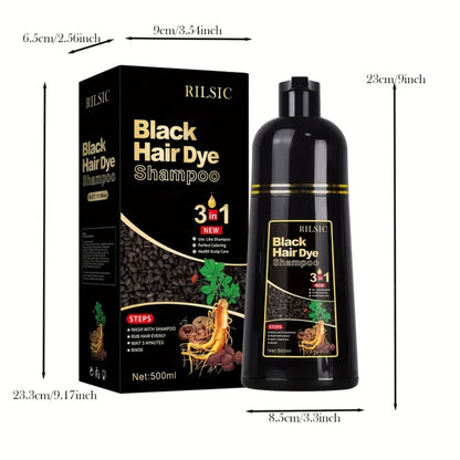 Hair Dye Shampoo, RILSIC 500ml Black 3-in-1 Single Bottle with Pump Dispenser for At-Home Color Application