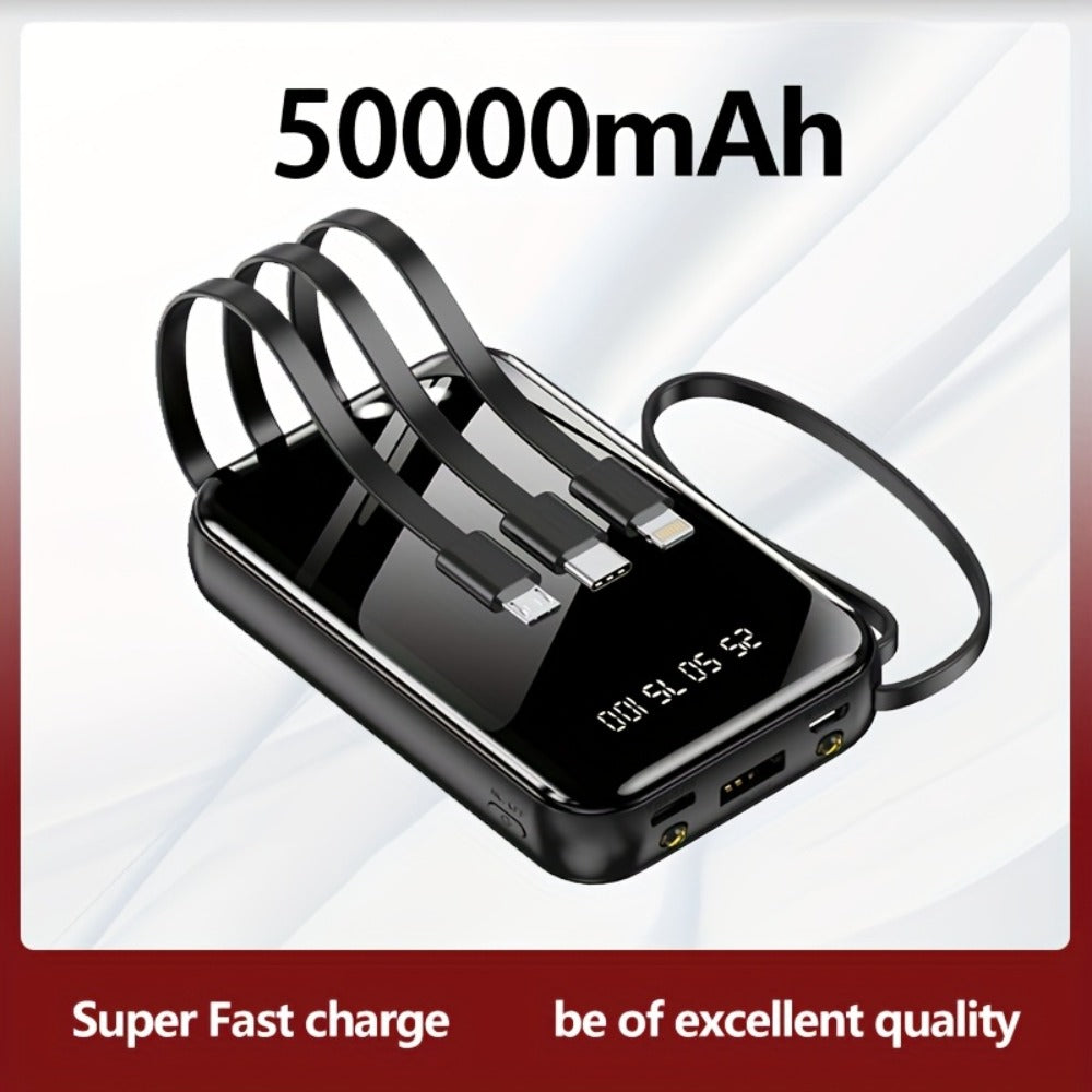 Power Bank 50000mAh 22.5W with Four Built-In Cables, Digital Display and LED Flashlight in Black or Purple