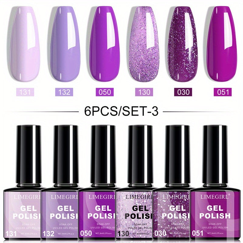 Gel Nail Polish Set with LIMEGIRL Label, 6 Fall Winter Glitter and Solid Colors, Two Palettes