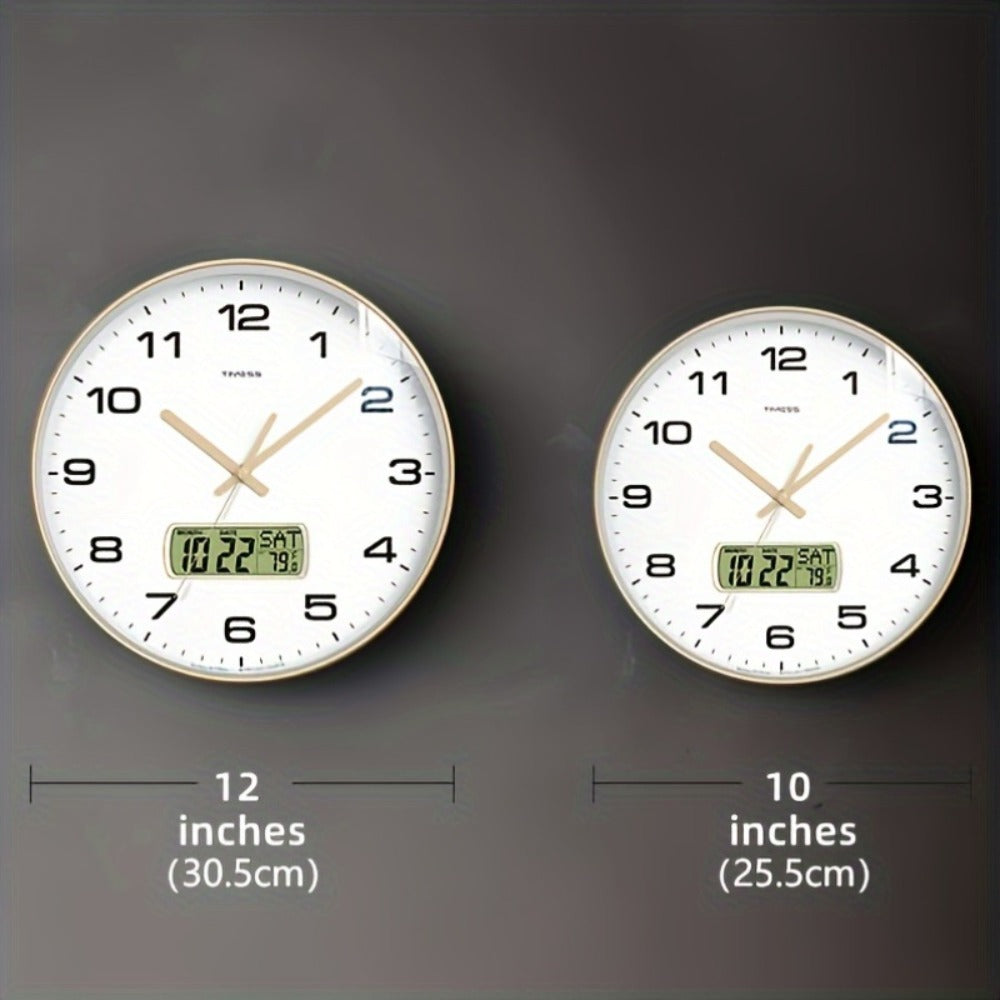 Round Analog Wall Clock with LCD Calendar and Temperature Window, Four Colors and 10- or 12-Inch Sizes