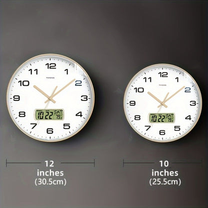 Round Analog Wall Clock with LCD Calendar and Temperature Window, Four Colors and 10- or 12-Inch Sizes