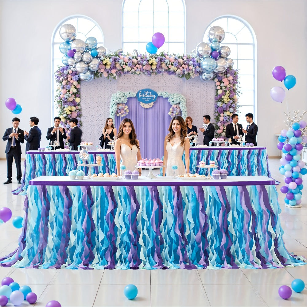 Six-Foot Curly-Willow Tulle Table Skirt with Twelve Color Options and Pictured Attachment Strips