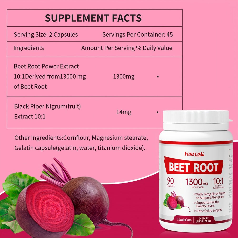 Dietary Supplement Beet Root 1300mg Vegetarian Capsules with One-, Two- or Three-Bottle Options