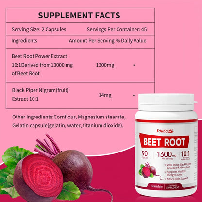 Dietary Supplement Beet Root 1300mg Vegetarian Capsules with One-, Two- or Three-Bottle Options