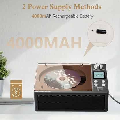 CD Player with Bluetooth Stereo Speakers, FM Radio, USB Playback, AUX Input, LED Display, Remote Control, Type-C Charging, Earphone Jack, All-in-One Home Audio System for Adults Seniors
